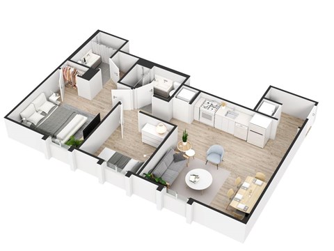 A 3D floor plan of a house with multiple rooms and furniture.
